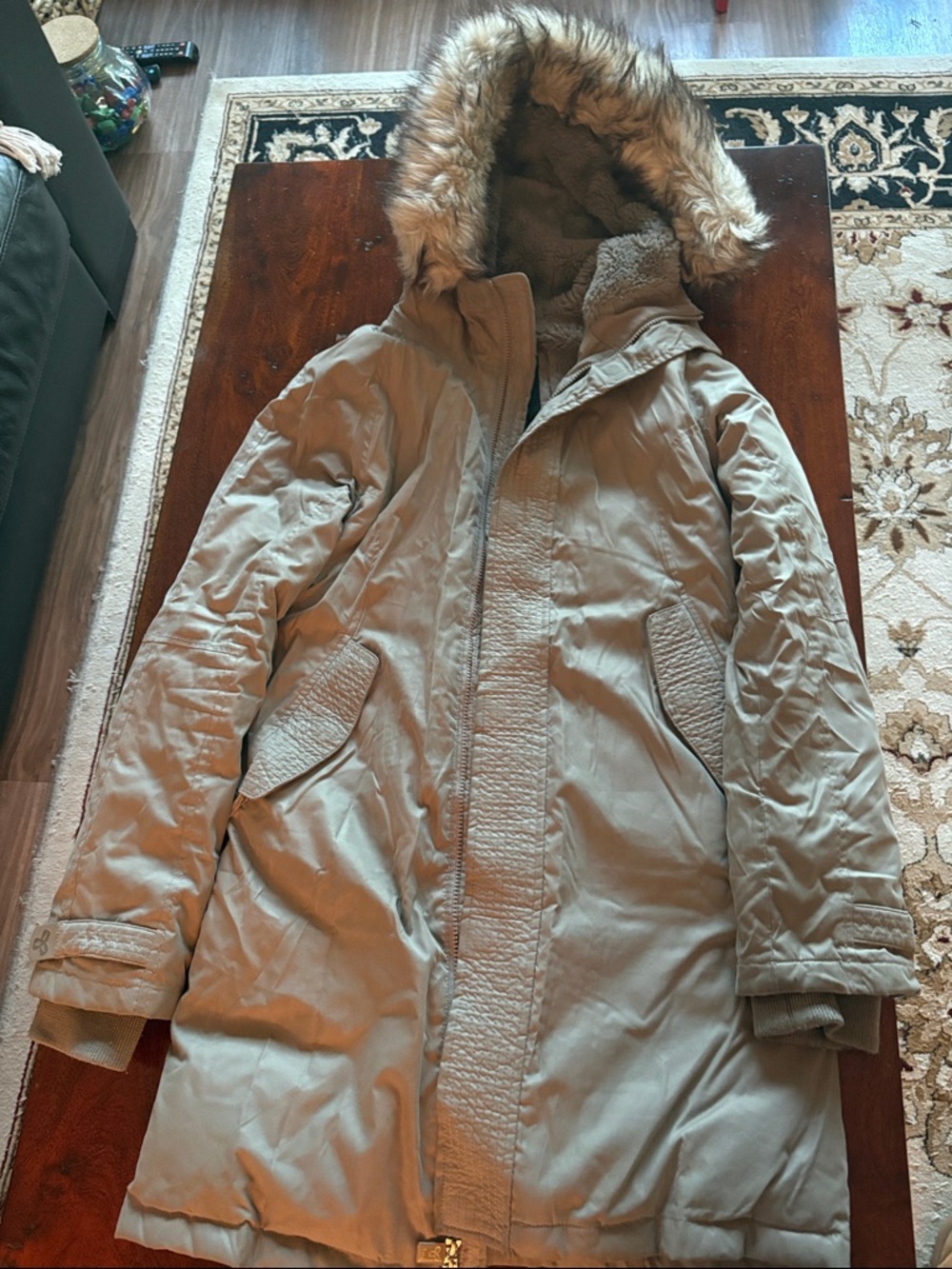 TNA Women's Tan Hooded Puffer Coat with Faux Fur Trim
